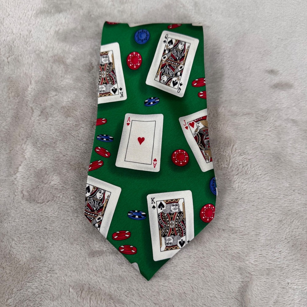 Tango Men's 100% Silk Green Casino Poker Playing Cards Chips Novelty Tie